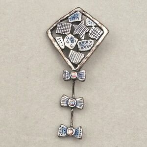 Patchwork Kite Brooch Silver Tone Statement Articulated Bows Dangle Whimsical